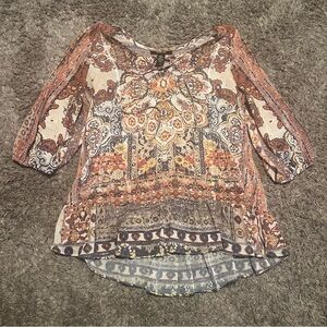 Bohemian Print Women's Top petite style & co sheer sleeve blouse shirt